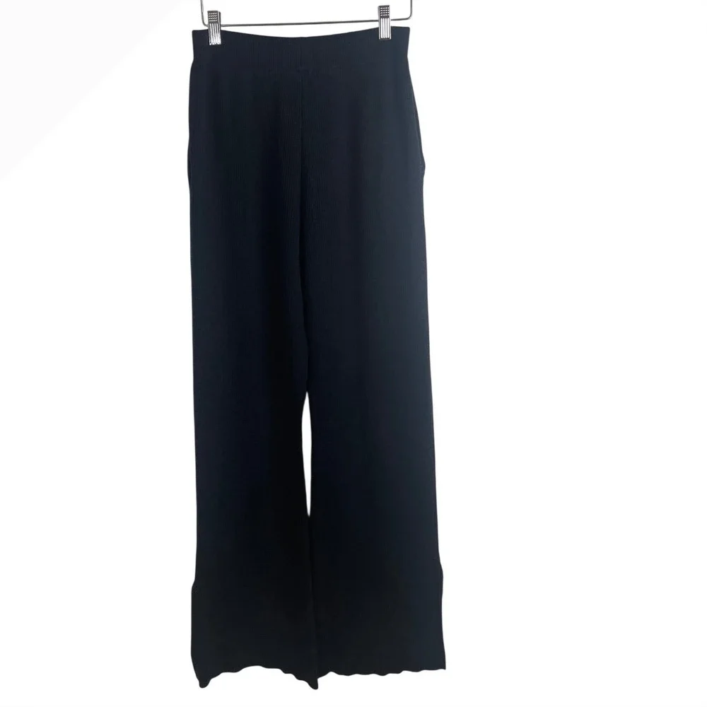 Alo Yoga Salana Knit High-Waist Wide Leg Pant Black Ribbed Side Slit XS